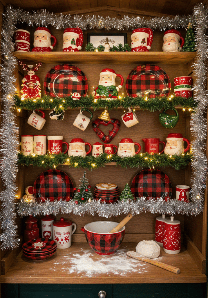 Tinsel-Wrapped Open Shelves