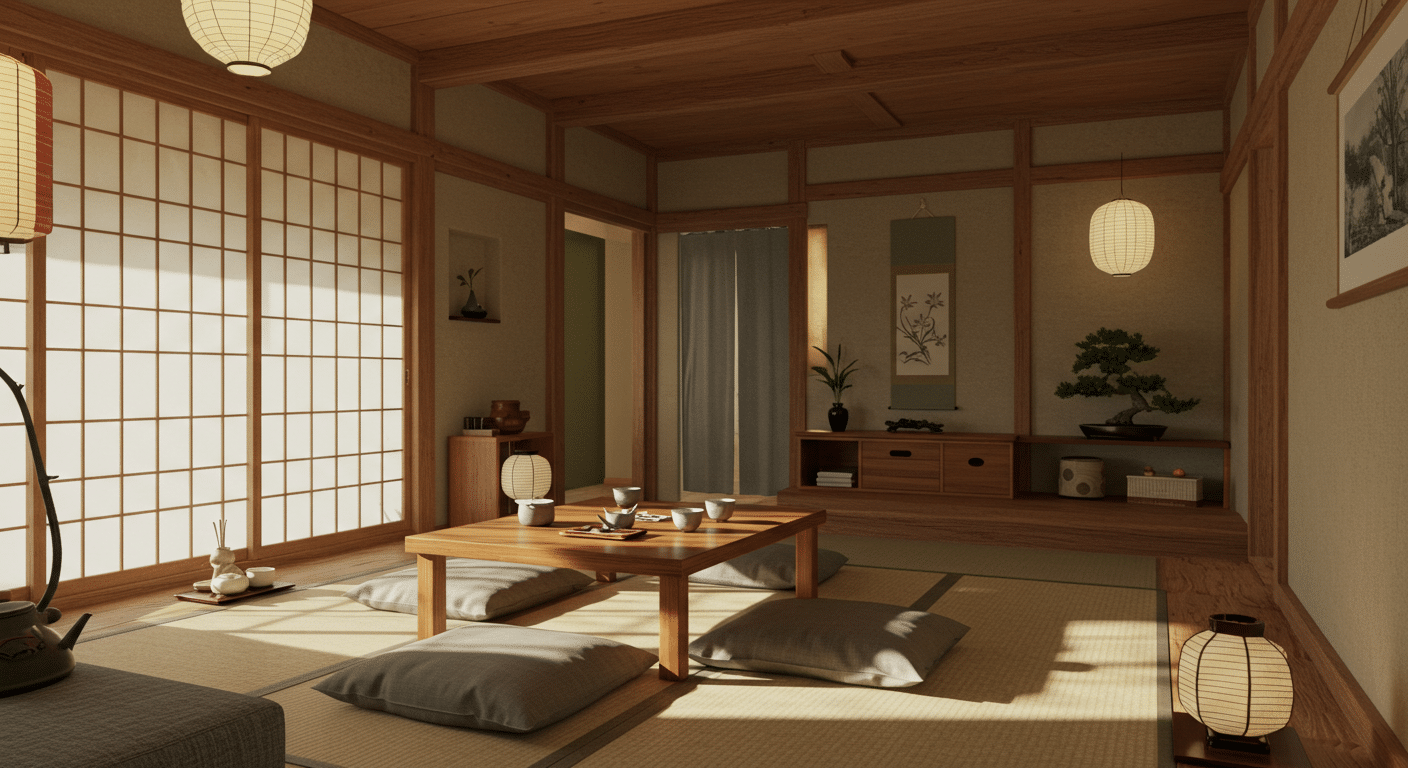 A tranquil, minimalist Japanese-style tiny house living room interior filled with natural light. The room features soft tatami mat flooring, a low wooden chabudai table set with teacups, and zabuton cushions in neutral earthy tones. Shoji screen panels allow sunlight to gently filter in. Wooden beams, washi paper lanterns, and a subtle ikebana flower arrangement add authenticity. In the background, a noren curtain hangs partially open in a doorway, revealing a hint of another room. The color palette is muted and calming—beige, soft gray, light wood, and hints of moss green. One wall features a simple tokonoma alcove with a scroll and bonsai. The overall mood is serene, organized, and inviting, perfectly balancing minimalism with warmth. A blend of wabi-sabi imperfection and refined tradition in a compact, stylish space.