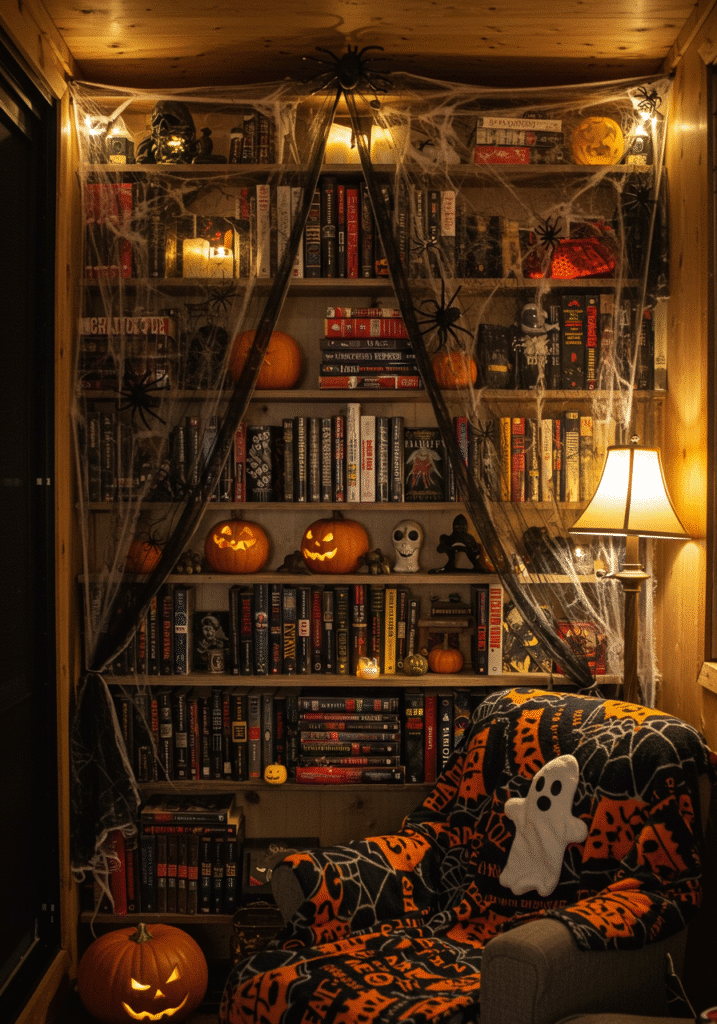 Cobweb Curtains Over the Bookshelves