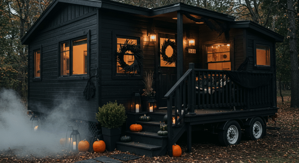 Imagine a realistic tiny house exterior where every small corner hides a subtle scare. A weathered rocking chair sits empty but tilted slightly forward, as if recently vacated. Behind a bush near the porch, a scarecrow’s head peeks out just enough to be unsettling. A gloved hand hangs from behind a curtain. Every detail is plausible—nothing overly exaggerated or obviously fake. The lighting is warm and dim, creating a cozy yet eerie tension. Add details like a partially open attic vent with glowing eyes peeking through or a faint shadow behind a window curtain. The intention is not to overwhelm but to build unease through suggestion—perfectly believable in a real tiny house setting.