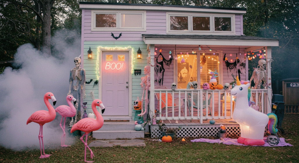 Depict a small, realistic Halloween setup outside a tiny house where the visuals are understated, but the emphasis is on the suggestion of eerie sounds. Show hidden outdoor speakers tucked behind flower pots or porch railings. A hand-painted wooden sign reads “Haunted Audio Tour” with QR code decals for interactive sound effects. The house itself might look relatively quiet at first glance—just a few spooky decorations like lanterns, pumpkins, and dried corn stalks. But place subtle cues like an open door with wind-chimes shaped like bones, or a motion-triggered device disguised as a vintage radio. The image should capture a still moment but hint at an immersive sensory experience, like distant footsteps, whispers, or creaking wood.