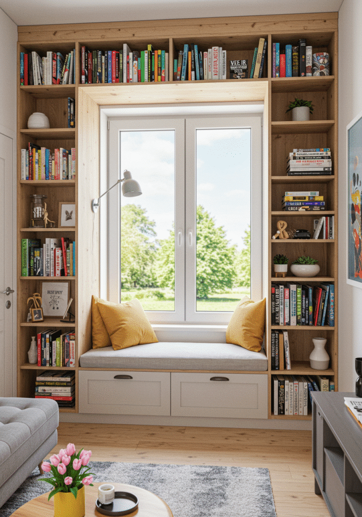 Built-In Bookcases Around Doors and Windows